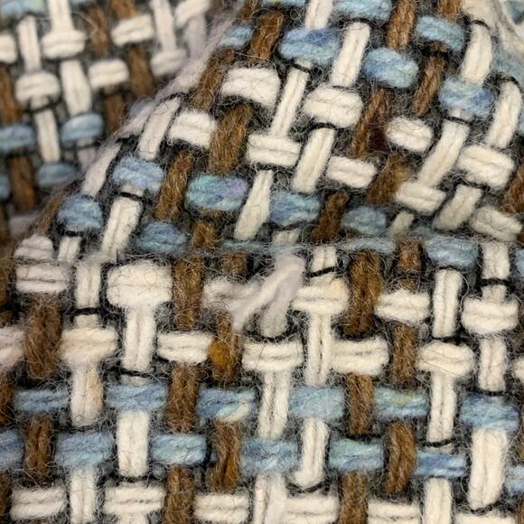 MOSCHINO Size 8 Brown Blue Cream Wool Woven Pencil Below Knee Scallop Hem Skirt - Picture 9 of 9